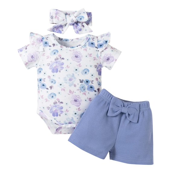 StylesILove Infant Baby Girls Floral Print Short Sleeve Bodysuit & Shorts & Headband 3pcs Set Spring Summer Romper Outfit (Blue Floral, 24 Months)