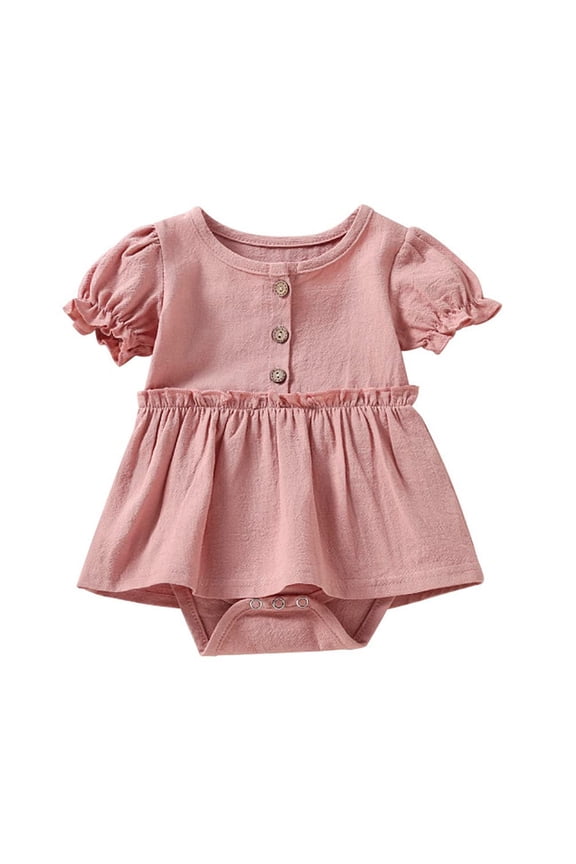 Infant Baby Girls Solid Button Front Ruffle Short Sleeve Cotton Romper Dress Spring Summer Dressy Outfit (Vintage Pink, 28 Months)