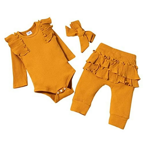 StylesILove Infant Baby Girls Solid Ribbed Long Sleeve Cotton Bodysuit and Ruffle Pants & Headband 3pcs Fall Winter Romper Outfit (Mustard Yellow, 3 Months)