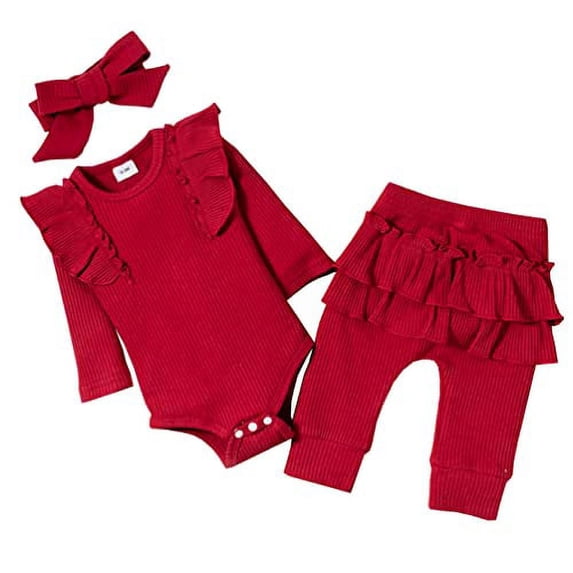 StylesILove Infant Baby Girls Solid Ribbed Long Sleeve Cotton Bodysuit and Ruffle Pants & Headband 3pcs Fall Winter Romper Outfit (Red, 3 Months)