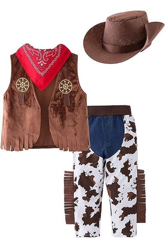 Cowboy Cartoon Vest, Pants, Hat and Bandana Outfit Set for Toddler Boys (4-5 Years)