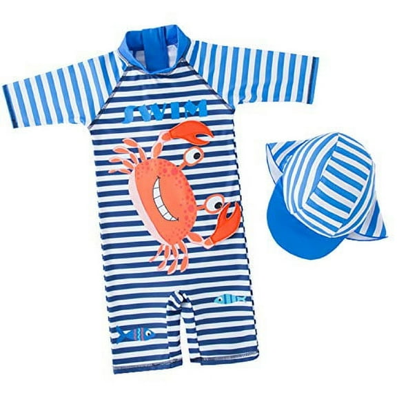 StylesILove Kid Boys Chic Crab Striped Printed One-Piece Rash Guard with Sun Hat 2pcs Swimsuit Pool Swimwear Beach Bathing Suit (12-18 Months) Blue