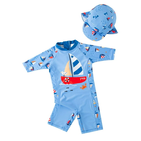 StylesILove Kid Boys Sailboat One-Piece Rash Guard with Sun Hat 2pcs Blue Swimsuit Pool Swimwear Beach Bathing Suit (3T)