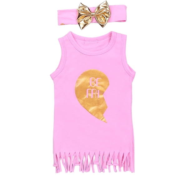 StylesILove Kids Girl Best Friend Twins Sleeveless Tassel T-shirt Dress With Bow Headband (120/3-4 Years, Pink Left Heart)