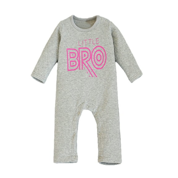 StylesILove Little Bro Print Warm Long Sleeve Baby Romper (12-18 Months, Grey-Pink)