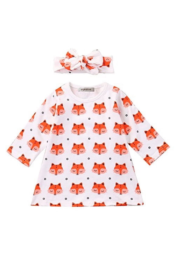 Little Fox Patterned Baby Girl Cotton Long Sleeve Causal Blouse Tunic Dress with Headband 2pcs Outfit (80/3-6 Months) White