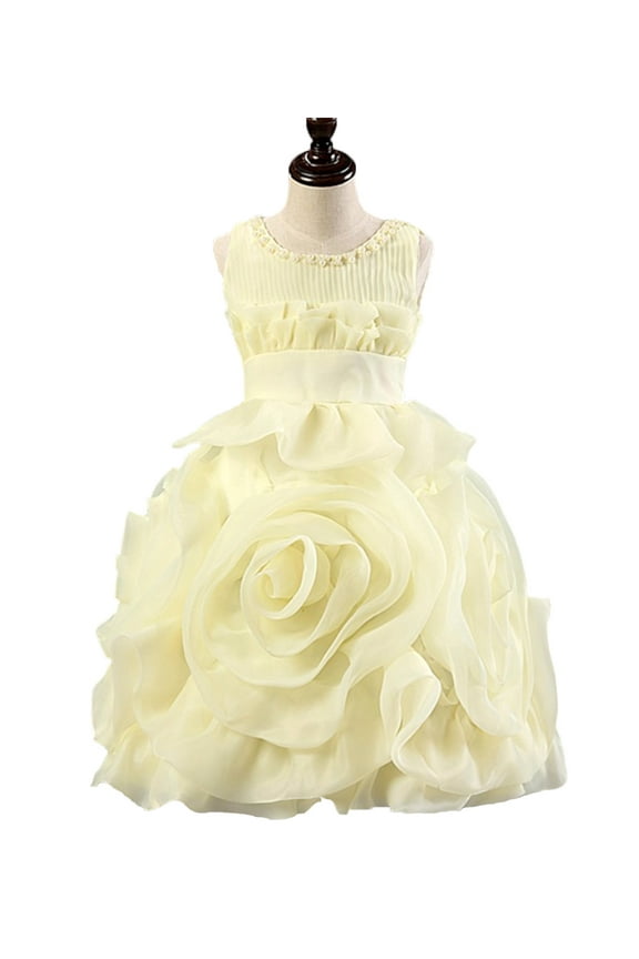 Little Girls Yellow Unique 3D Rose Layered Organza Wedding Flower Girl Dress, 4-5 Years