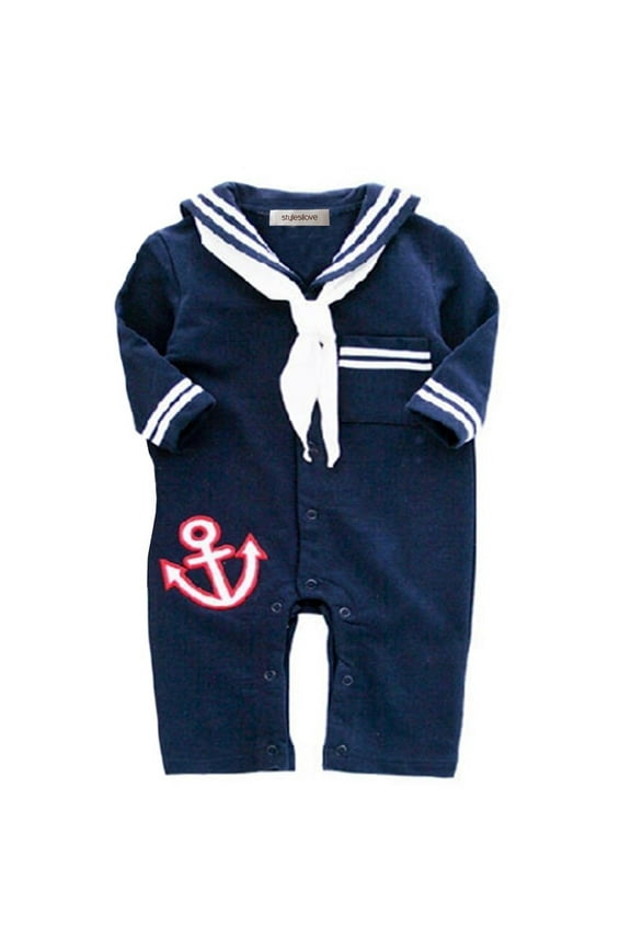 Newborn Infant Toddler Baby Boy Sailor Anchor Cosplay Romper Jumpsuit Holiday Festival Onesie Outfit (90/12-18 Months, Navy Blue)