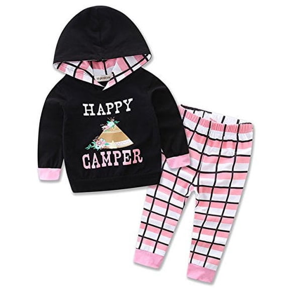 StylesILove Newborn Infant Toddler Baby Girl Happy Camper Long Sleeve Hoodie and Plaid Pants Casual Clothing Set 2-piece (100/18-24 Months)
