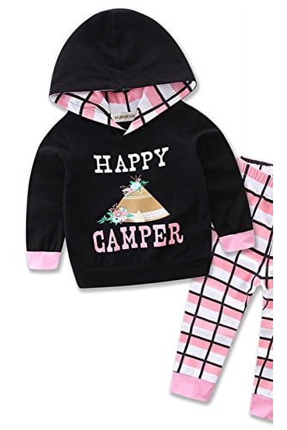 Newborn Infant Toddler Baby Girl Happy Camper Long Sleeve Hoodie and Plaid Pants Casual Clothing Set 2-piece (70/3-6 Months)
