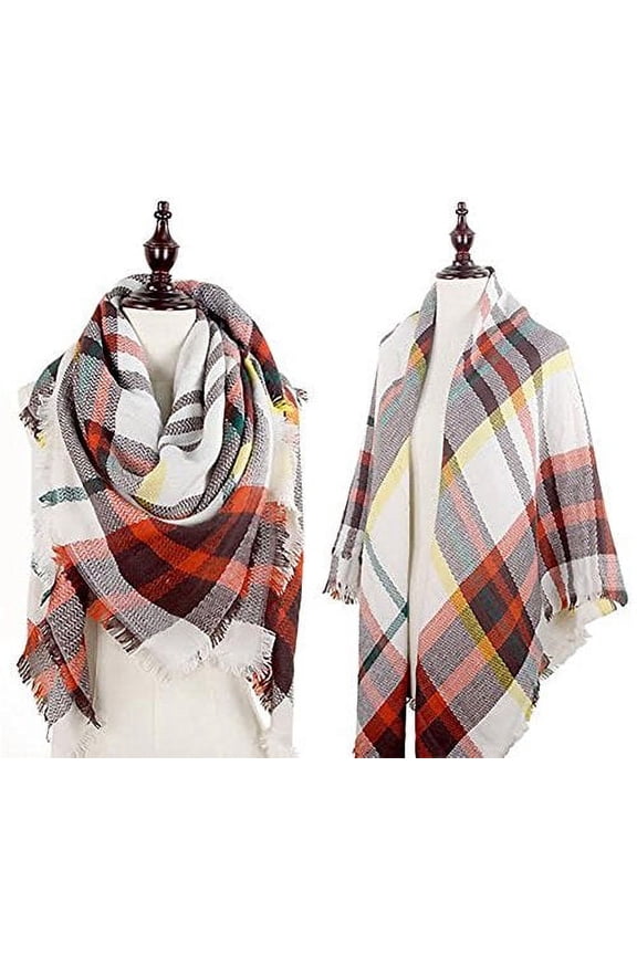 Plaid Lovers Womens Trendy Blanket Shawl Scarf (Plaid Ivory-Brown)