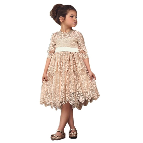 StylesILove Princess 3/4 Sleeve Midi Length Floral Lace A-line Wedding Dress Flower Girl Clothes Beige 100/2-3 Years