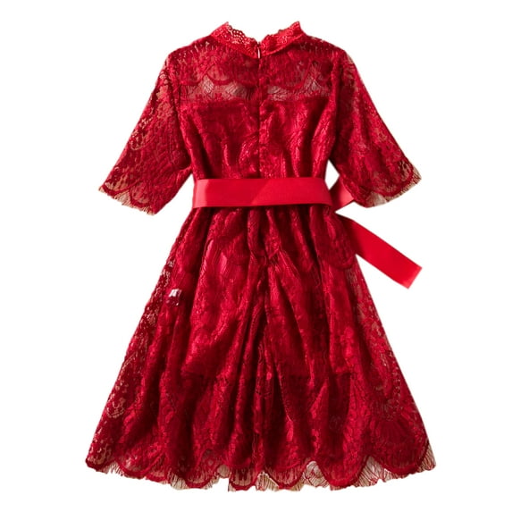 StylesILove Princess 3/4 Sleeve Midi Length Floral Lace A-line Wedding Dress Flower Girl Clothes Red 120/4-5 Years