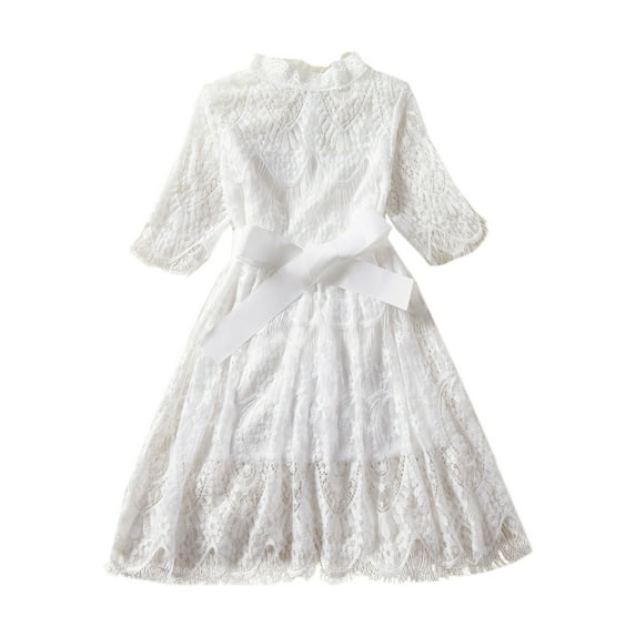 StylesILove Princess 3/4 Sleeve Midi Length Floral Lace A-line Wedding Dress Flower Girl Clothes White 100/2-3 Years