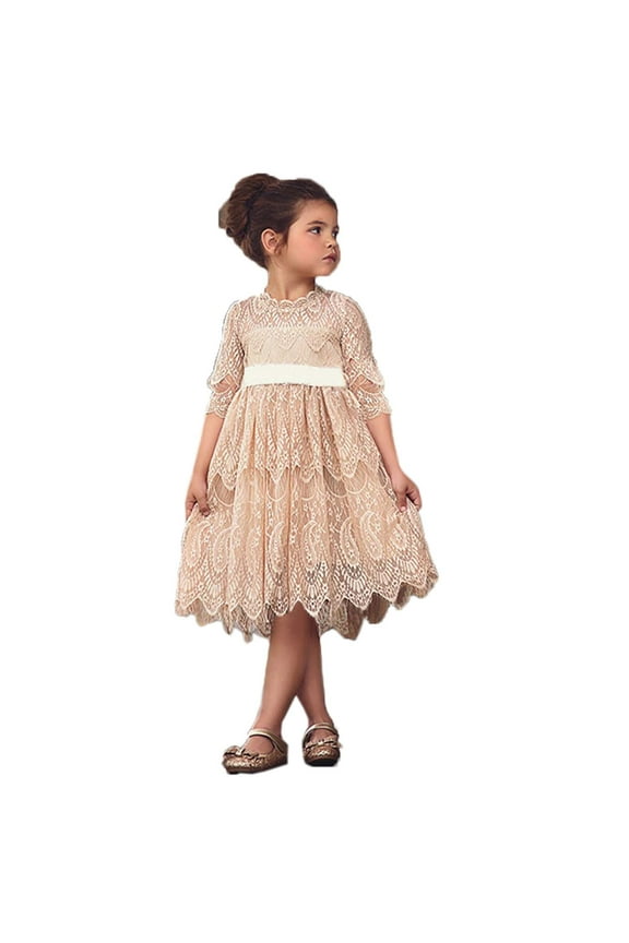 Princess 3/4 Sleeve Midi Length Floral Lace A-line Wedding Dress Flower Girl Pageant Party Clothes