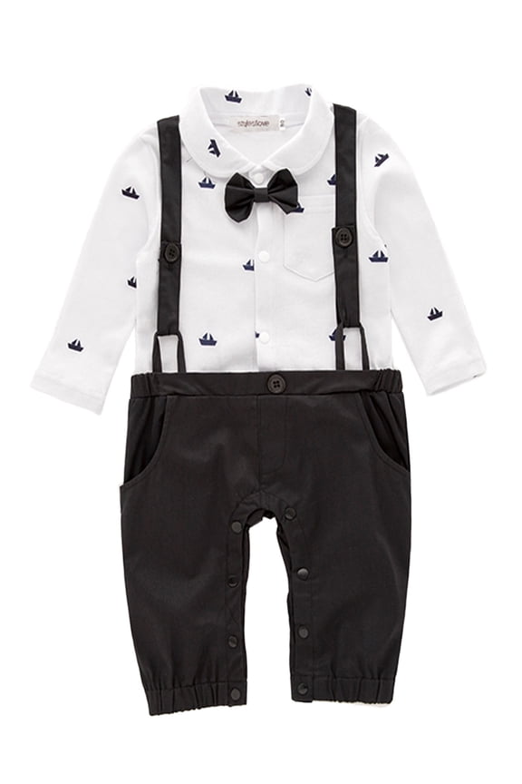 Sailor Boat Print Faux Suspender Formal Wear Baby Boy Romper (12-18 Months, Black)