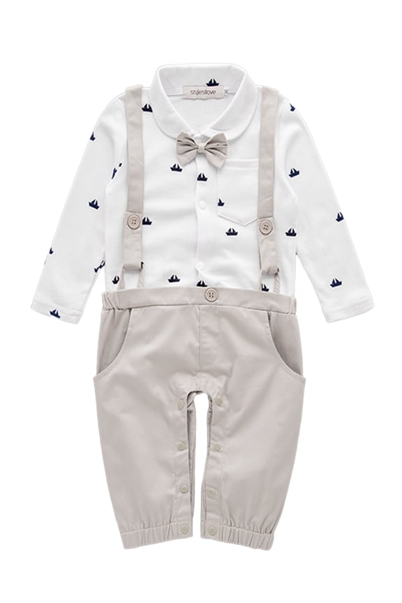 Sailor Boat Print Faux Suspender Formal Wear Baby Boy Romper (18-24 Months, Grey)
