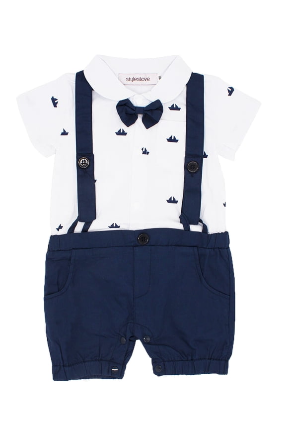 Sailor Boat Print Faux Suspender Formal Wear Baby Boy Short Sleeve Romper (95/18-24 Months)