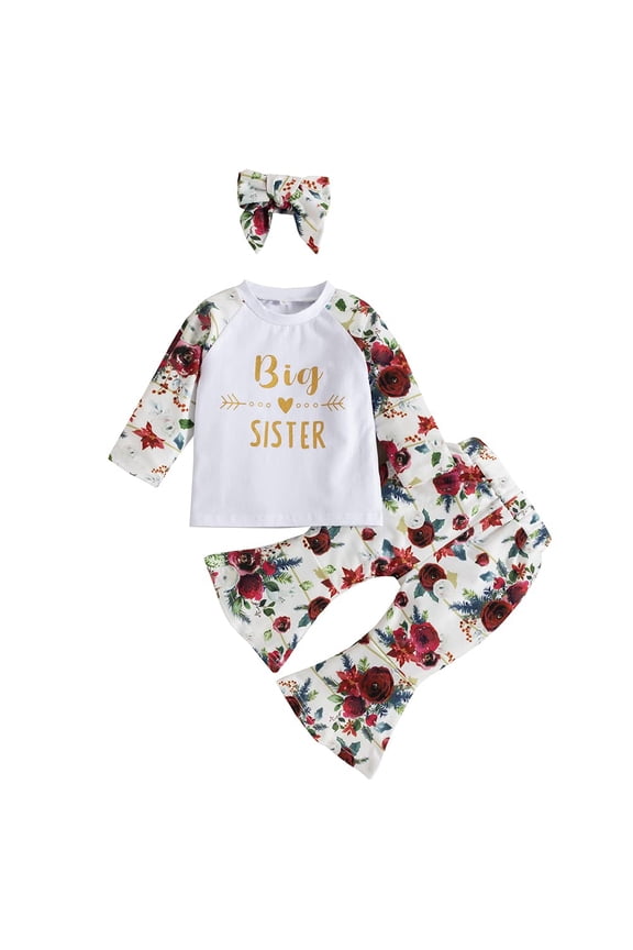 Toddler Girls Big Sister Flower Top & Flare Pants & Headband 3pcs Set Long Sleeve Sibling Floral Outfit (6-12 Months)