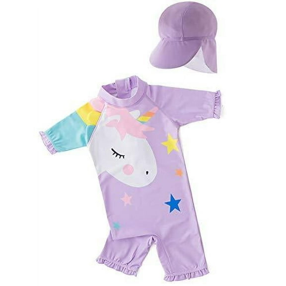 StylesILove Toddler Girls Purple Unicorn Rash Guard Swimsuit & Sun Hat 2pcs, 5T