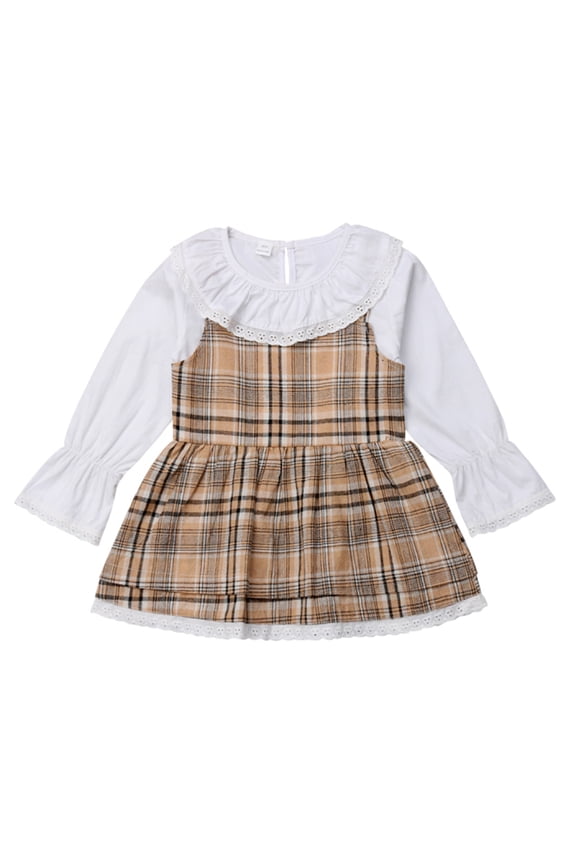 Toddler Kid Girl Ruffle Yoke Eyelet Lace Beige Tartan Long Sleeve Cotton Dress Party Outfit (130/5-6 Years)