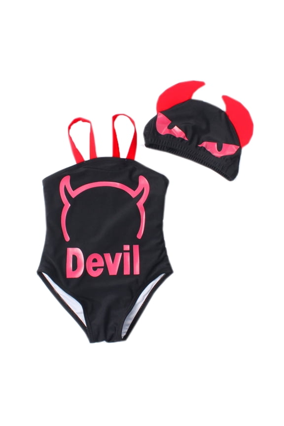 Toddler Kids Girl Cute and Fun One-Piece Swimsuit with Hat 2pcs Set Bathing Pool Beach Swimwear (Devil Black, 3/2-3 Years)