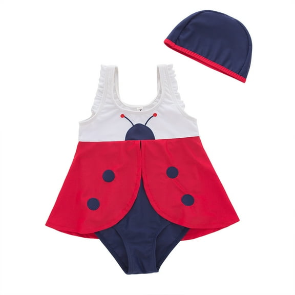 StylesILove Toddler Kids Girl Cute and Fun One-Piece Swimsuit with Hat 2pcs Set Bathing Pool Beach Swimwear (Ladybug, 4T)