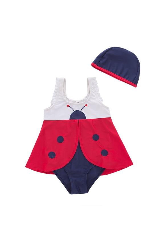 Toddler Kids Girl Cute and Fun One-Piece Swimsuit with Hat 2pcs Set Bathing Pool Beach Swimwear (Ladybug, 4T)