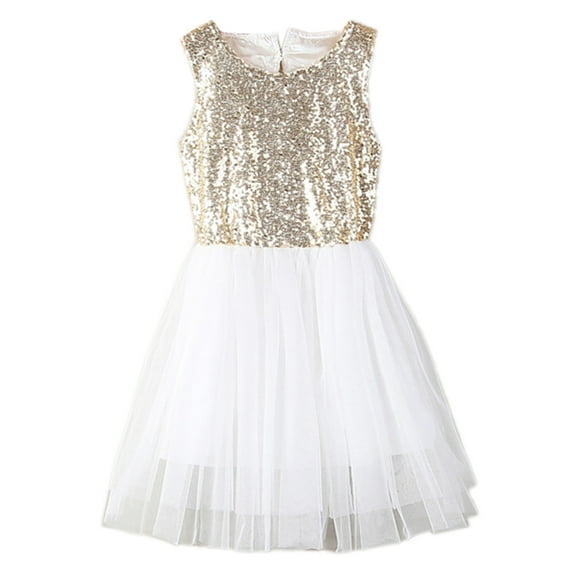 StylesILove Toddler Kids Gold Sequin Tulle Sleeveless Flower Girl Dress (120/3-4 Years)