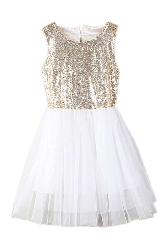 Toddler Kids Gold Sequin Tulle Sleeveless Flower Girl Dress (140/5-6 Years)