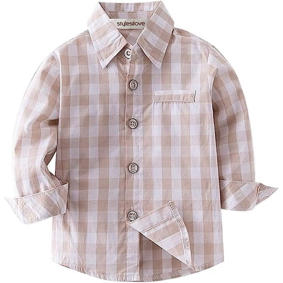 StylesILove Toddler Little Boy Long Sleeve Cotton Button Down Shirt (Beige Check, 110/4-5 Years)