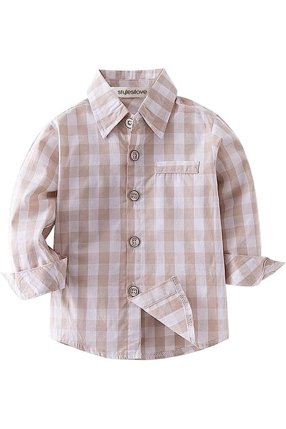Toddler Little Boy Long Sleeve Cotton Button Down Shirt (Beige Check, 120/5-6 Years)