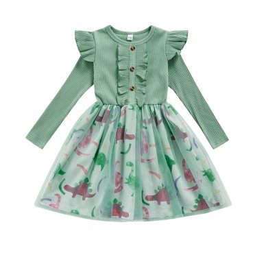 StylesILove Toddler Little Girls Green Ruffle Long Sleeve Dress Tulle Dinosaur Skirt Fall Spring Outfit (3T)