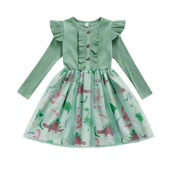 StylesILove Toddler Little Girls Green Ruffle Long Sleeve Dress Tulle Dinosaur Skirt Fall Spring Outfit (3T)