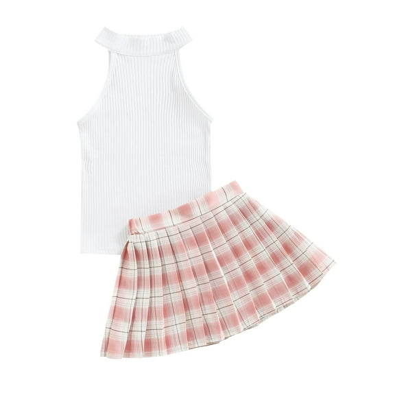 StylesILove Toddler Little Girls Solid Ribbed Tank Top & Plaid Mini Pleated Skirt 2pcs Set Summer Casual Princess Dress Outfit (Pink, 4-5 Years)