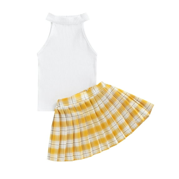 StylesILove Toddler Little Girls Solid Ribbed Tank Top & Plaid Mini Pleated Skirt 2pcs Set Summer Casual Princess Dress Outfit (Yellow, 4-5 Years)