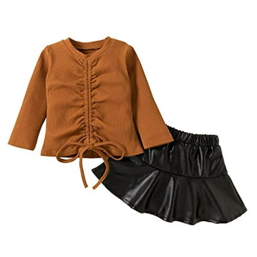 StylesILove Toddler Littler Girls Drawstring Long Sleeve Ribbed Top and Black Mini Skirt 2pcs Fall Winter Dress Outfit (24 Months)