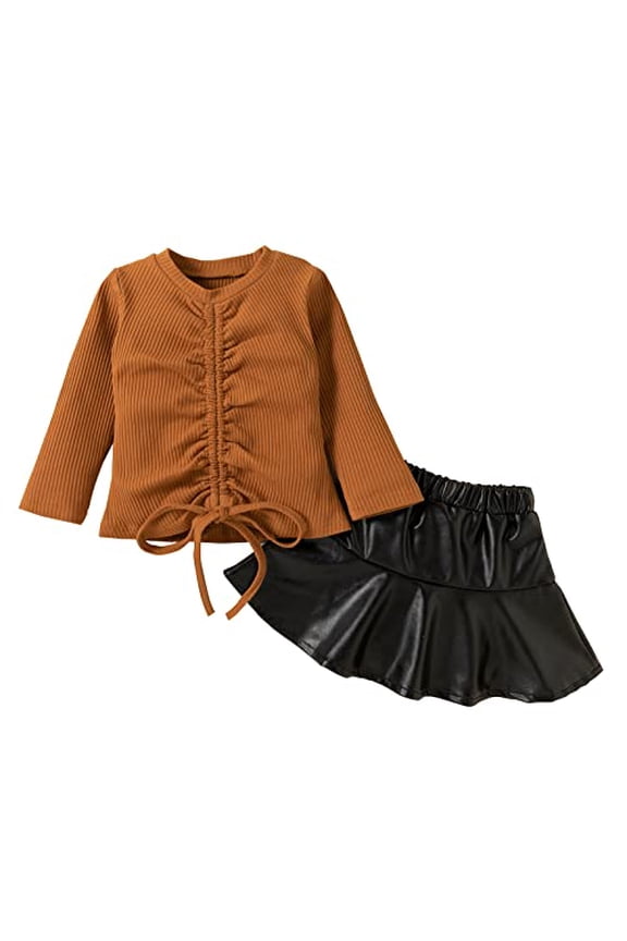 Toddler Littler Girls Drawstring Long Sleeve Ribbed Top and Black Mini Skirt 2pcs Fall Winter Dress Outfit (5 Years)