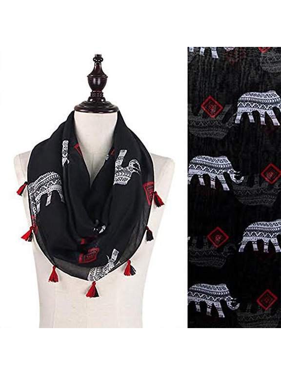 Tribal Elephant Tasseled Infinity Scarf, 2 Colors (Black)
