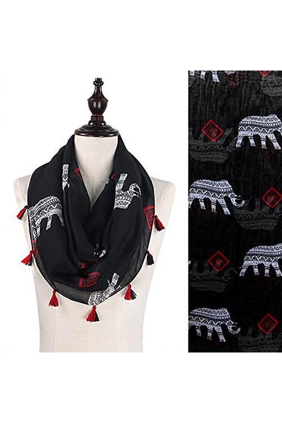 Tribal Elephant Tasseled Infinity Scarf, 2 Colors (Black)