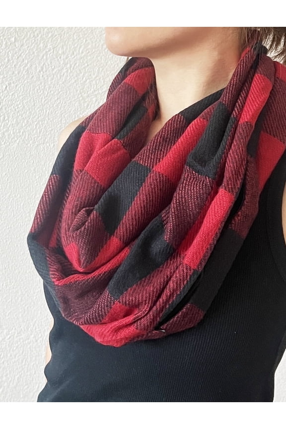 Winter Plaid Infinity Scarf with Hidden Zipper Pocket Fashion Travel Scarf for Women and Men (Black + Red)
