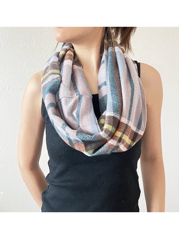Winter Plaid Infinity Scarf with Hidden Zipper Pocket Fashion Travel Scarf for Women and Men (Brown + Grey)