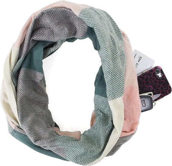StylesILove Winter Plaid Infinity Scarf with Hidden Zipper Pocket Fashion Travel Scarf for Women and Men (Light Pink + Green )