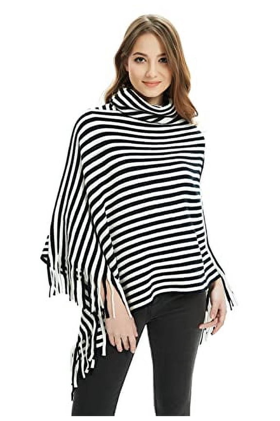 Women Autumn Winter Knit Striped Turtleneck Fringe Poncho Pullover Shawl Warm Soft Wrap Lightweight Cape (Black)