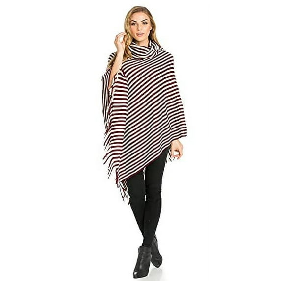 StylesILove Women Autumn Winter Knit Striped Turtleneck Fringe Poncho Pullover Shawl Warm Soft Wrap Lightweight Cape (Burgundy)