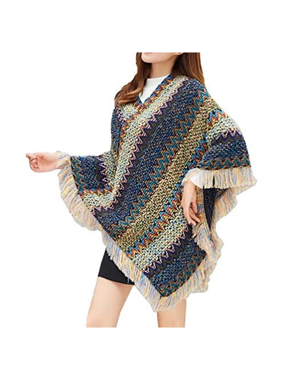 Women Autumn Winter Knitted Tassel Irregular Pullover Poncho Sweater Soft Wrap Cape Lightweight Shawl (Blue)