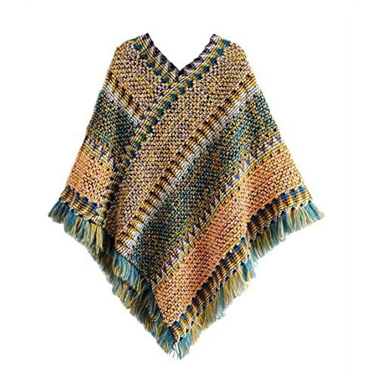 Hit Color Stripe Irregular Tassel Cloak Sweaters Hit Color Stripe Irregular Tassel Cloak Sweaters