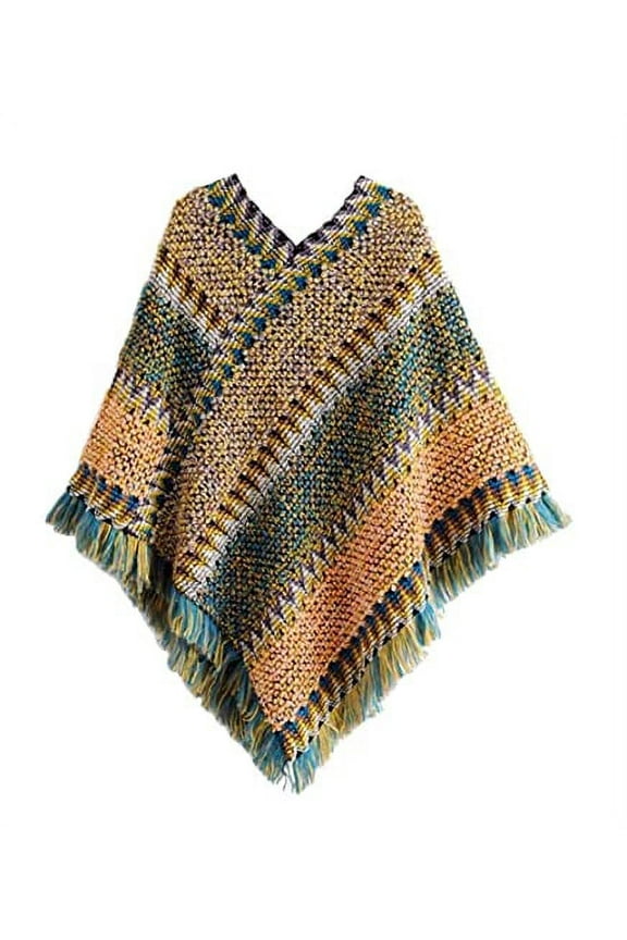 Women Autumn Winter Knitted Tassel Irregular Pullover Poncho Sweater Soft Wrap Cape Lightweight Shawl (Green)