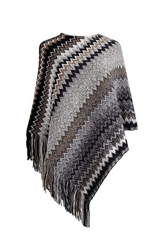 Women Autumn Winter Knitted Zig-Zag Pullover Fringe Poncho Sweater Soft Wrap Cape Lightweight Shawl (Black)