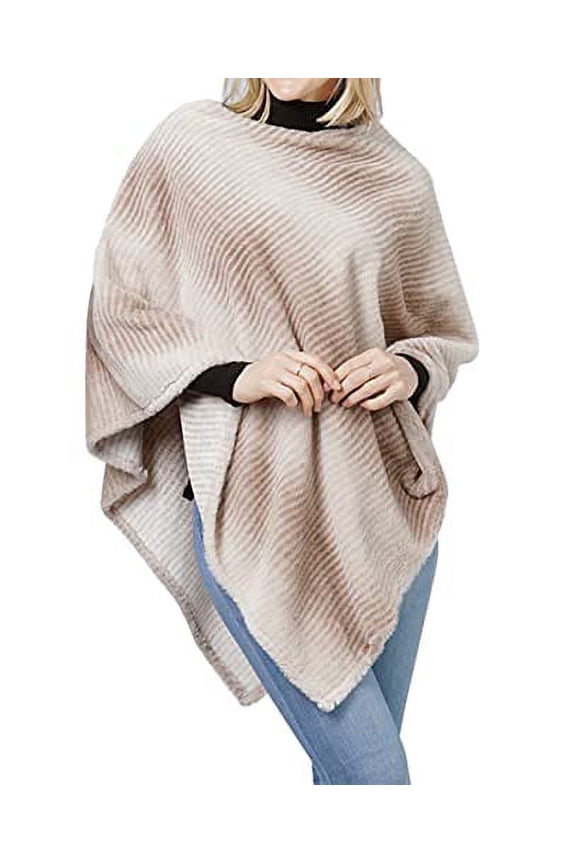 Women Autumn Winter Ombre Stripe Faux Fur Soft Poncho Cape Ultra Warm Wrap for Autumn Winter Season (Taupe)